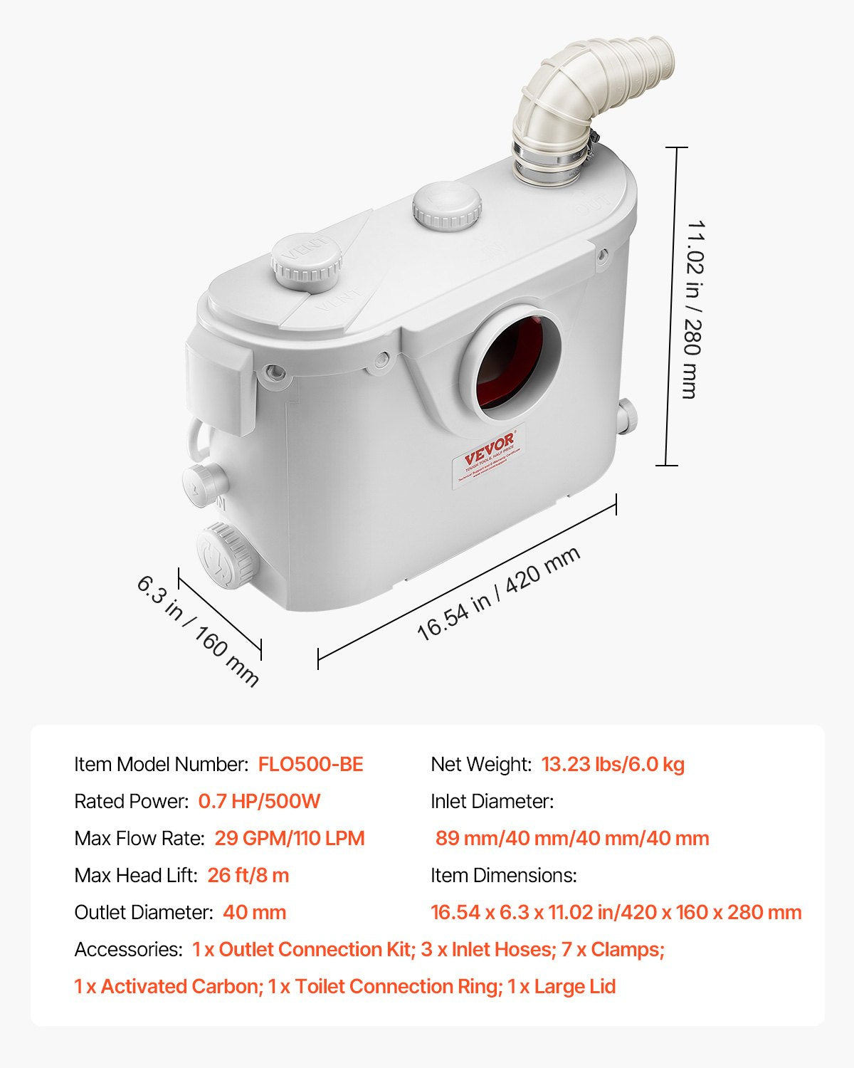 Macerator Pump, 500W, 110 L/min(29 GPM) Flow, 26 ft/8 m Head, Macerator Sewerage Toilet Pump with 4 Water Inlets, Waste Water Disposal Upflush Machine for Toilet, Basement, Shower, Sink, Laundry, Bathtub
