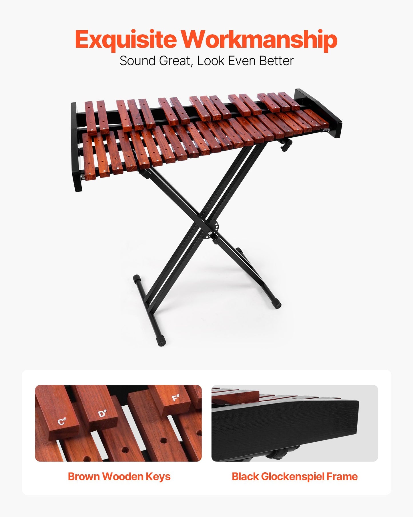 Klockspelsxylofon, 37 toner, professionellt xylofonslagverksinstrument i trä, med höjdjusterbart stativ, 4 klubbor, bärväska, musikinstrumentkit för nybörjare för vuxna och barn
