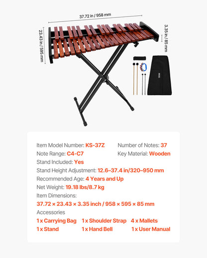 Klockspelsxylofon, 37 toner, professionellt xylofonslagverksinstrument i trä, med höjdjusterbart stativ, 4 klubbor, bärväska, musikinstrumentkit för nybörjare för vuxna och barn
