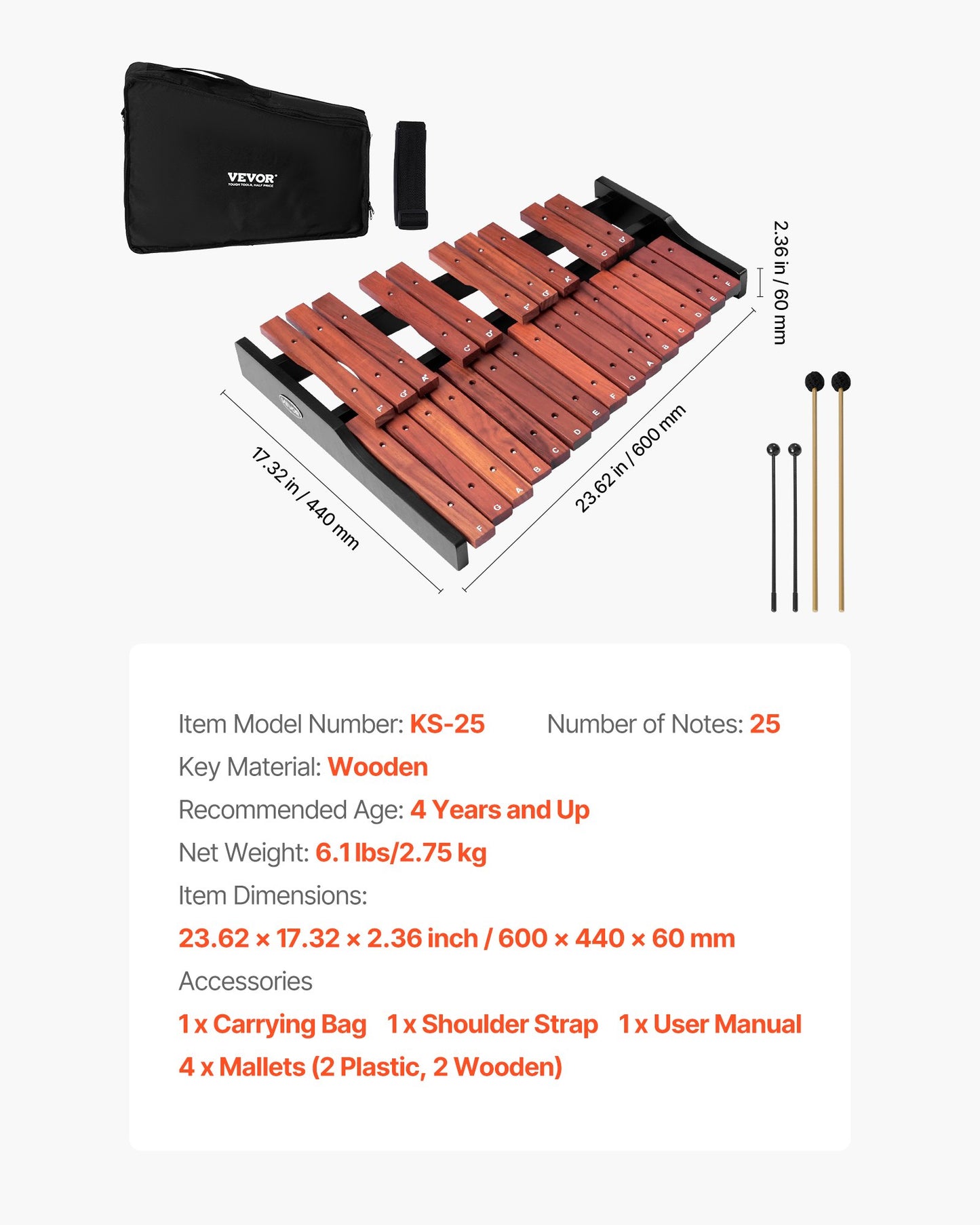 Klockspelsxylofon, 25 toner, professionellt xylofonslagverksinstrument i trä, med 4 klubbor, bärväska, nybörjarkit för klockspelsinstrument för vuxna och barnstudenter