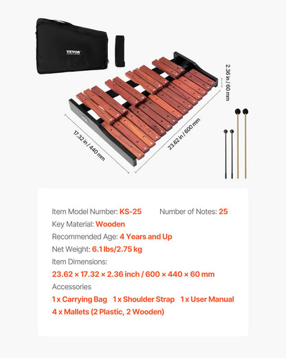 Klockspelsxylofon, 25 toner, professionellt xylofonslagverksinstrument i trä, med 4 klubbor, bärväska, nybörjarkit för klockspelsinstrument för vuxna och barnstudenter