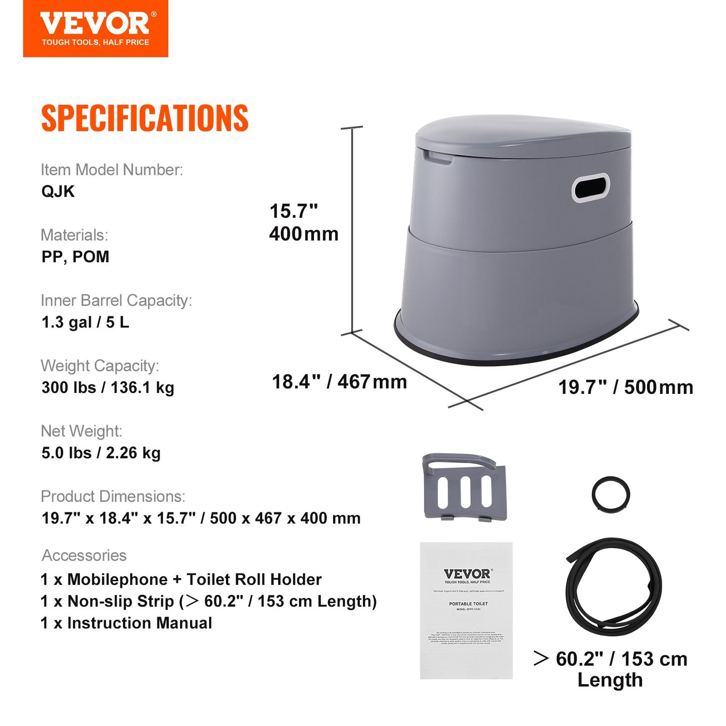 Portable Toilet for Camping, Porta Potty with 1.3 Gal Detachable Inner Bucket & Removable Paper Holder, Commode with Dual Lids, Travel Toilet for Adults Kids Outdoor Camping Car Long Road Trips
