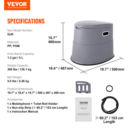 Portable Toilet for Camping, Porta Potty with 1.3 Gal Detachable Inner Bucket & Removable Paper Holder, Commode with Dual Lids, Travel Toilet for Adults Kids Outdoor Camping Car Long Road Trips