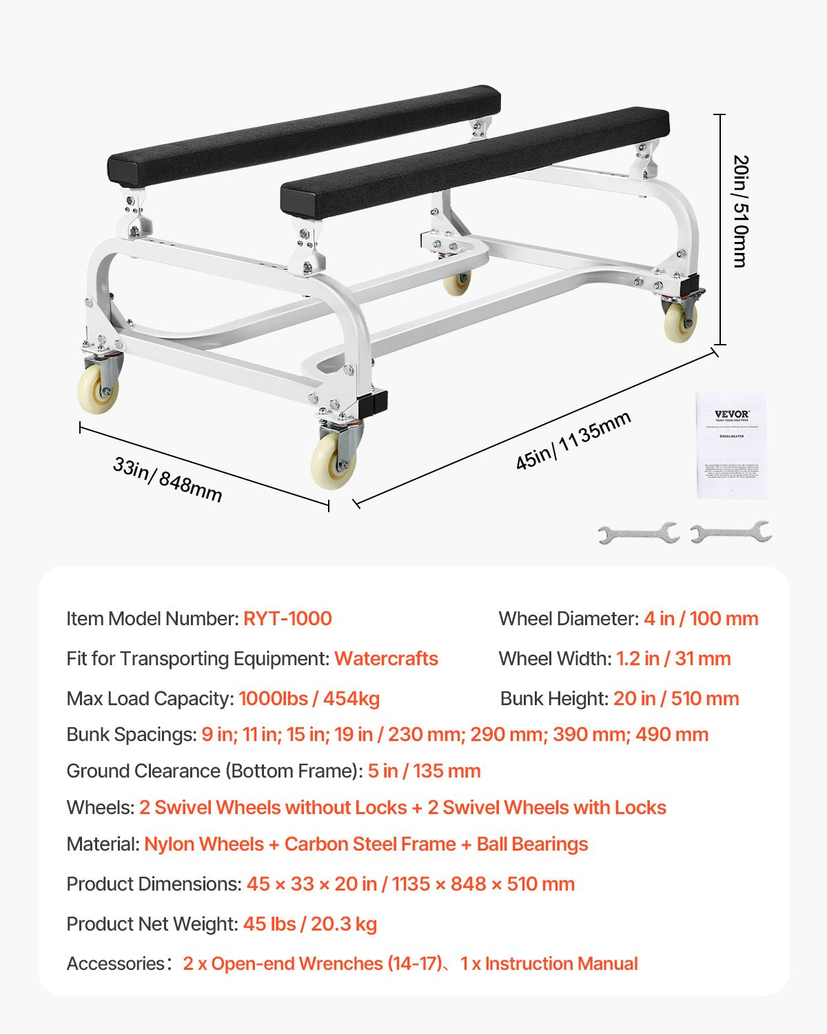 Watercraft PWC Dolly, 1000 lbs Load Capacity, Jet Ski Stand PWC Cart for Moving Watercraft, Adjustable Bunks with 4 Casters & 2 Brakes, Heavy-Duty Jet Ski Cart for Kayaks, Jet Skis, Speedboats