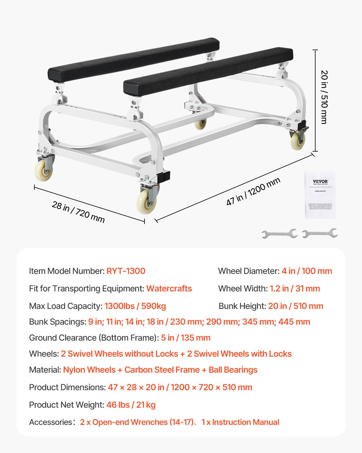 Vattenskotervagn, 1300 lbs lastkapacitet, vattenskoterställ, vattenskotervagn för att flytta vattenskoter, justerbara britsar med 4 hjul och 2 bromsar, kraftig vattenskotervagn för kajaker, vattenskotrar, motorbåtar
