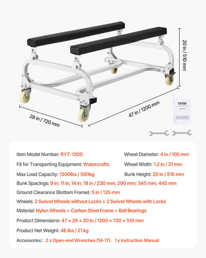 Vattenskotervagn, 1300 lbs lastkapacitet, vattenskoterställ, vattenskotervagn för att flytta vattenskoter, justerbara britsar med 4 hjul och 2 bromsar, kraftig vattenskotervagn för kajaker, vattenskotrar, motorbåtar