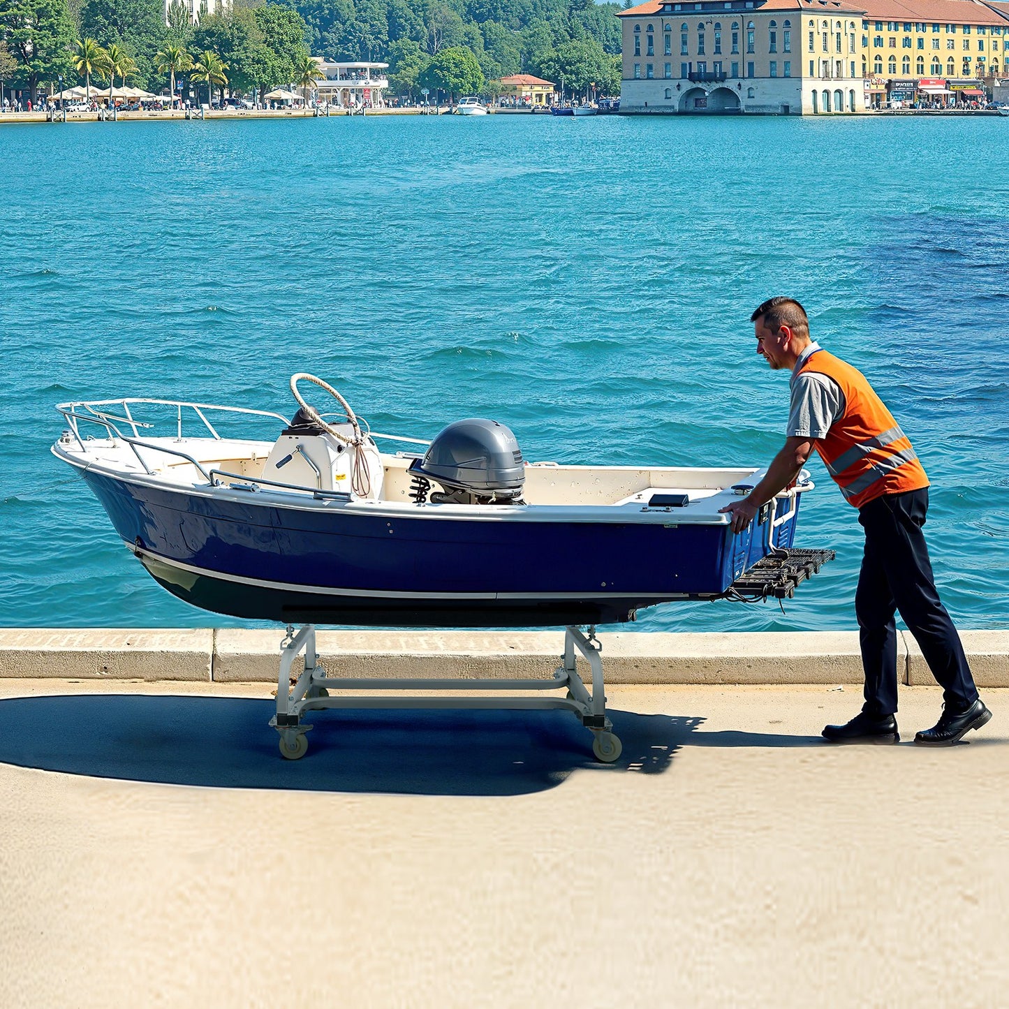 Vattenskotervagn, 1300 lbs lastkapacitet, vattenskoterställ, vattenskotervagn för att flytta vattenskoter, justerbara britsar med 4 hjul och 2 bromsar, kraftig vattenskotervagn för kajaker, vattenskotrar, motorbåtar