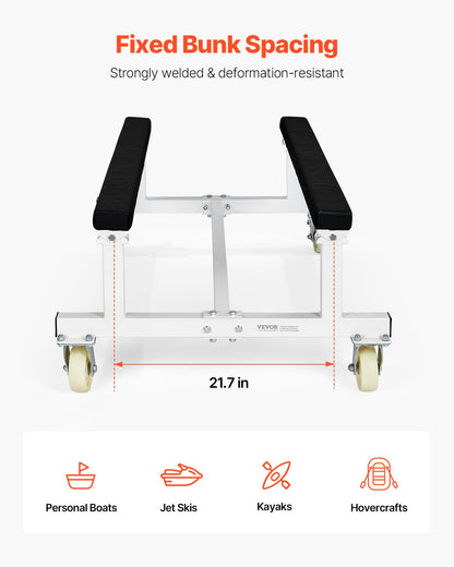 Vattenskotervagn, 1800 lbs lastkapacitet, vattenskoterställ, vattenskotervagn för att flytta vattenskoter, fast våningssäng med 4 hjul och 2 bromsar, kraftig vattenskotervagn för kajaker, svävare, motorbåtar