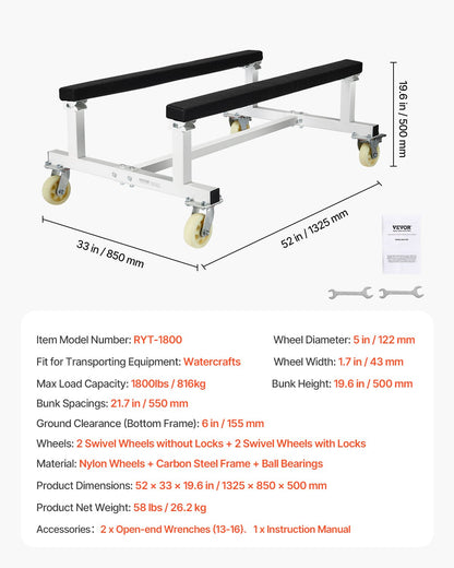 Vattenskotervagn, 1800 lbs lastkapacitet, vattenskoterställ, vattenskotervagn för att flytta vattenskoter, fast våningssäng med 4 hjul och 2 bromsar, kraftig vattenskotervagn för kajaker, svävare, motorbåtar