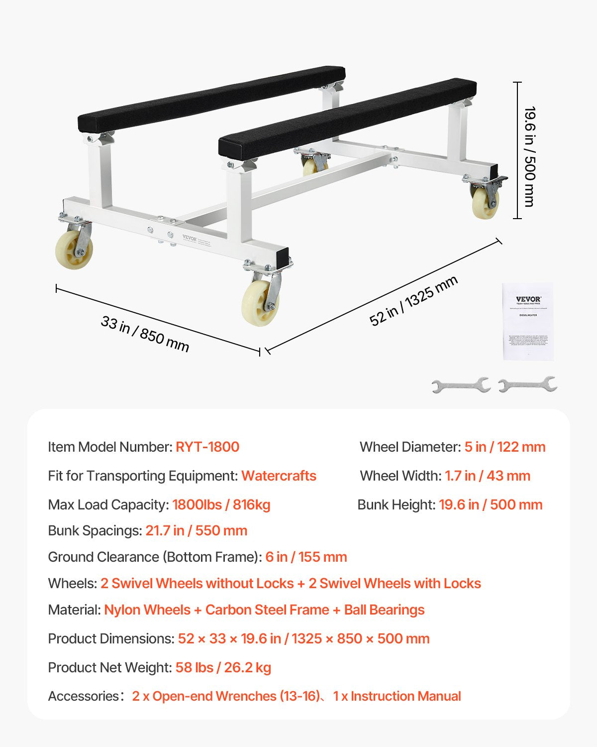 Vattenskotervagn, 1800 lbs lastkapacitet, vattenskoterställ, vattenskotervagn för att flytta vattenskoter, fast våningssäng med 4 hjul och 2 bromsar, kraftig vattenskotervagn för kajaker, svävare, motorbåtar