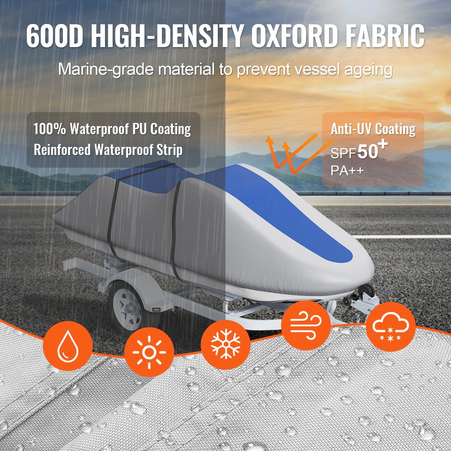 Vattenskoteröverdrag, 3200-3420 mm släpvagnsbart vattentätt PWC-överdrag, kraftigt 600D marint PU Oxford-tyg, UV-resistent Seadoo-överdrag med spännremmar, vattenskoteröverdrag, grå+blå