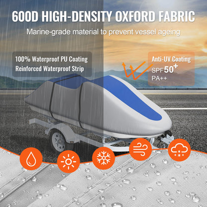 Vattenskoteröverdrag, 3200-3420 mm släpvagnsbart vattentätt PWC-överdrag, kraftigt 600D marint PU Oxford-tyg, UV-resistent Seadoo-överdrag med spännremmar, vattenskoteröverdrag, grå+blå