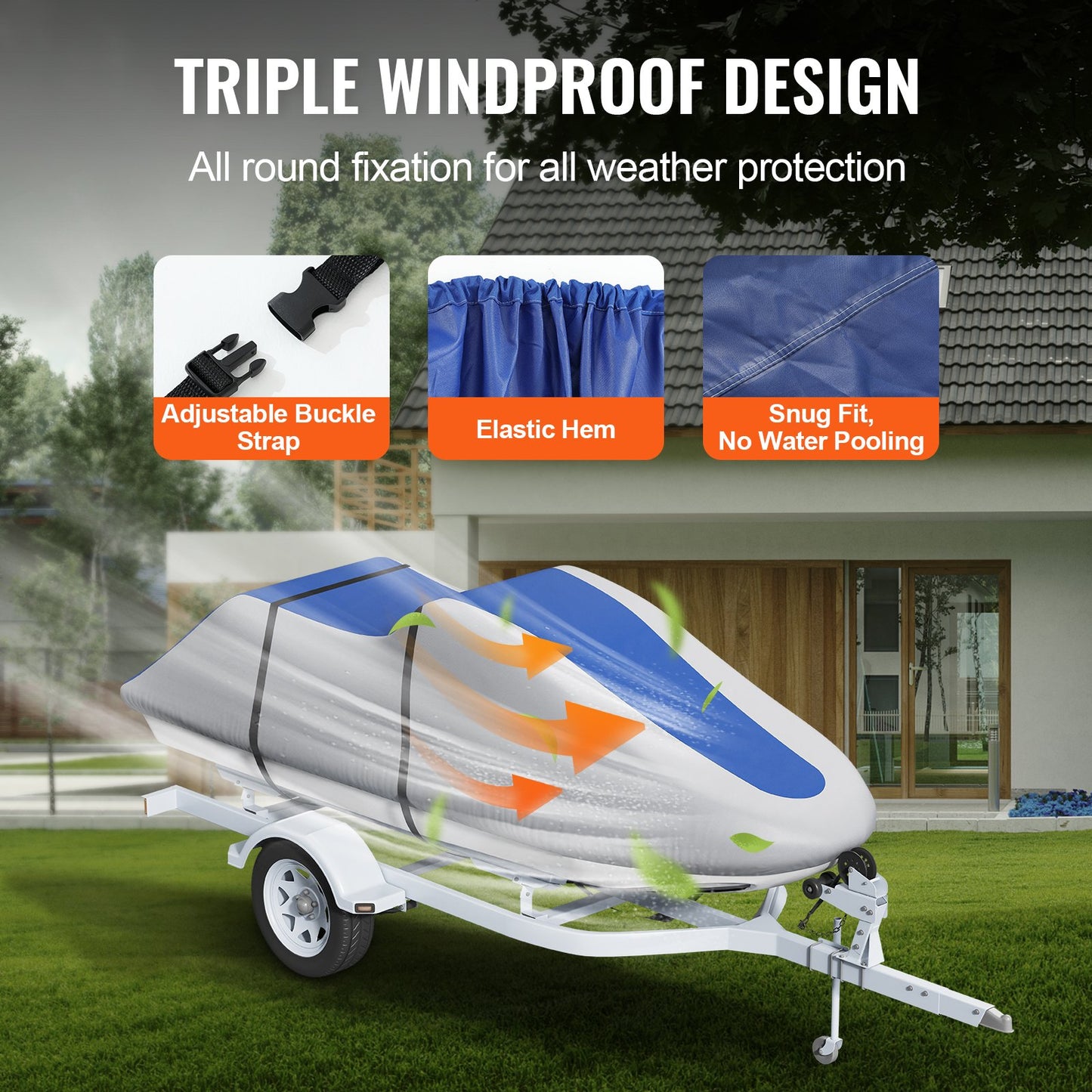 Vattenskoteröverdrag, 3200-3420 mm släpvagnsbart vattentätt PWC-överdrag, kraftigt 600D marint PU Oxford-tyg, UV-resistent Seadoo-överdrag med spännremmar, vattenskoteröverdrag, grå+blå