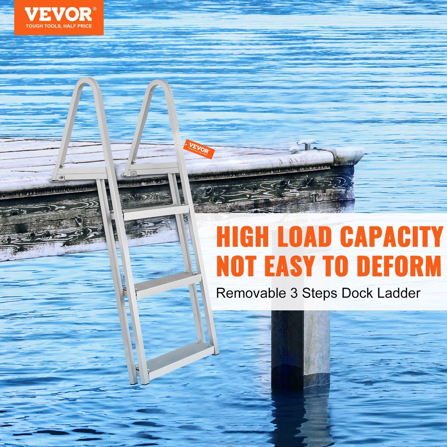 Dock Ladder, Removable 3 Steps, 350 lbs Load Capacity, Aluminum Alloy Pontoon Boat Ladder with 4'' Wide Step & Anti-Slip Design Pedal, Easy to Install for Ship/Lake/Pool/Marine Boarding
