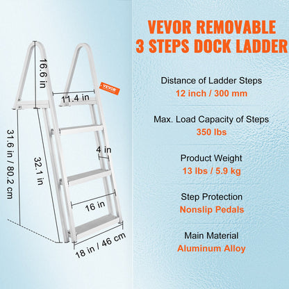 Dock Ladder, Removable 3 Steps, 350 lbs Load Capacity, Aluminum Alloy Pontoon Boat Ladder with 4'' Wide Step & Anti-Slip Design Pedal, Easy to Install for Ship/Lake/Pool/Marine Boarding