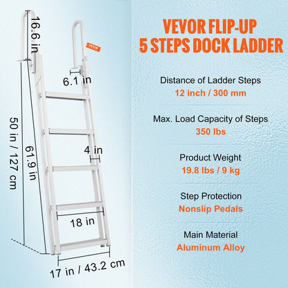 Dock Ladder Flip Up 5 Steps, 350lbs Load Capacity, Aluminum Pontoon Boat Ladder with 4" Wide Step & Anti-Slip Design Pedal,Swimm Step Ladder for Ship/Lake/Pool/Marine Boarding