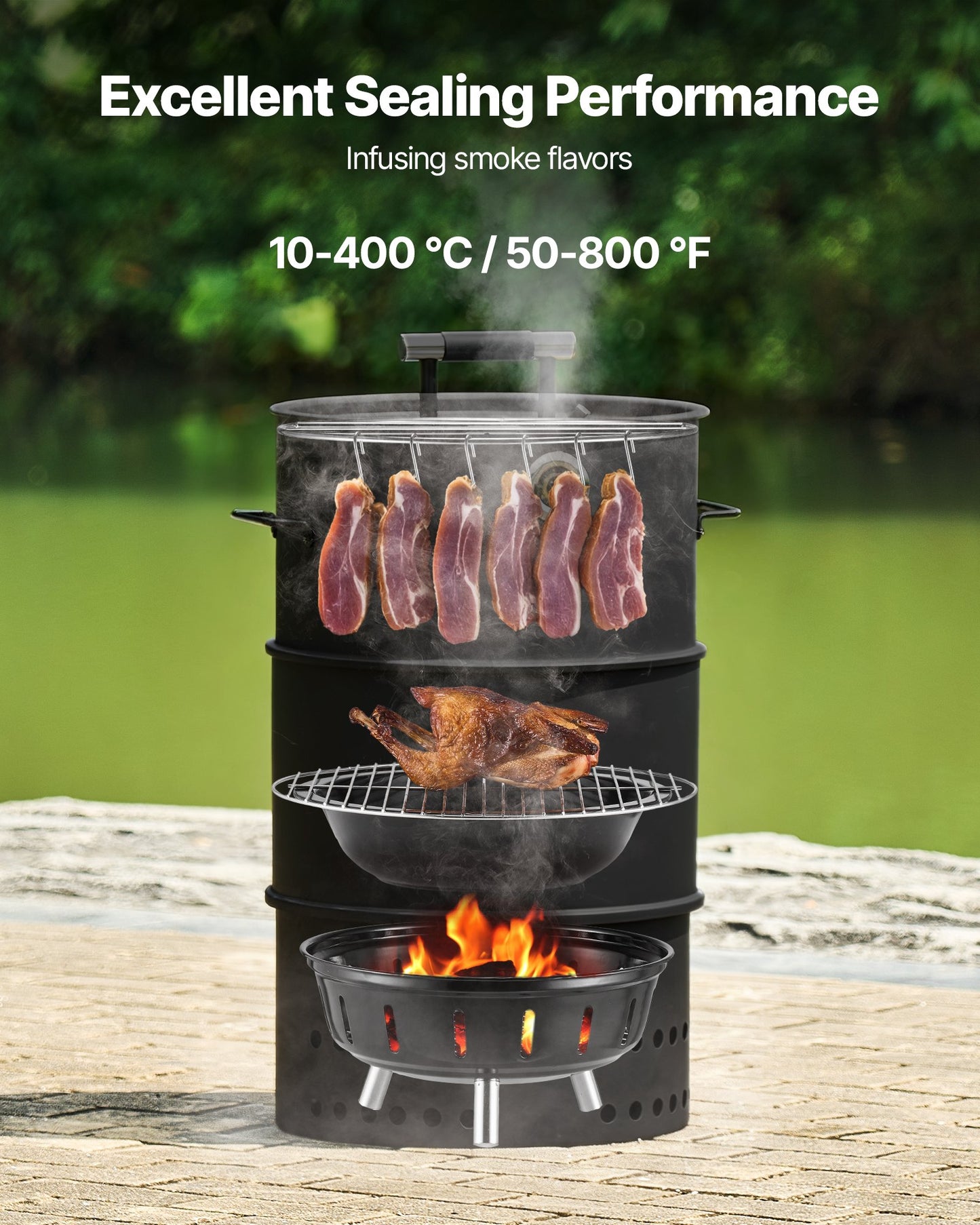 Charcoal Smoker Grill, 470mm Barrel Charcoal BBQ Smoker, Coated Steel Outdoor Barbecue Grill with 2 Grilling Grates, 1 Hanging Rod, 6 Hooks & Thermometer, Ideal for Party Backyard Patio Cooking