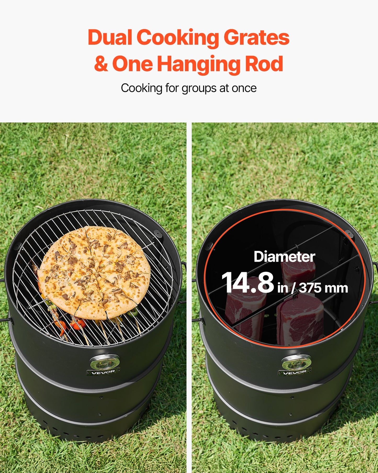 Charcoal Smoker Grill, 470mm Barrel Charcoal BBQ Smoker, Coated Steel Outdoor Barbecue Grill with 2 Grilling Grates, 1 Hanging Rod, 6 Hooks & Thermometer, Ideal for Party Backyard Patio Cooking