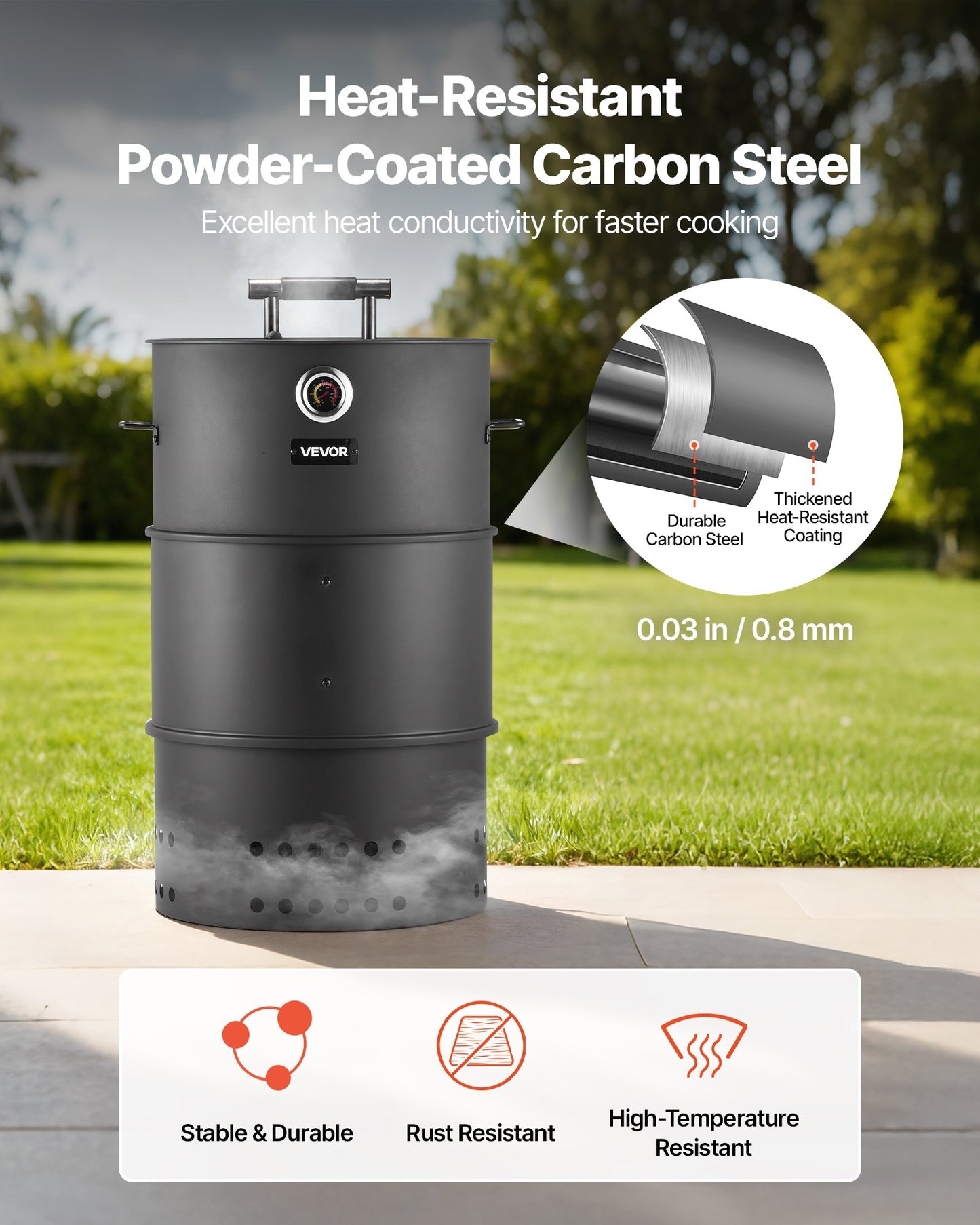 Charcoal Smoker Grill, 470mm Barrel Charcoal BBQ Smoker, Coated Steel Outdoor Barbecue Grill with 2 Grilling Grates, 1 Hanging Rod, 6 Hooks & Thermometer, Ideal for Party Backyard Patio Cooking