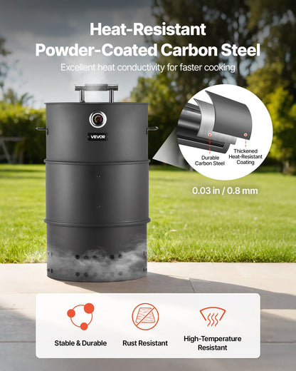 Charcoal Smoker Grill, 470mm Barrel Charcoal BBQ Smoker, Coated Steel Outdoor Barbecue Grill with 2 Grilling Grates, 1 Hanging Rod, 6 Hooks & Thermometer, Ideal for Party Backyard Patio Cooking