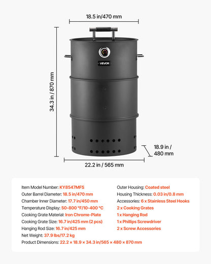 Charcoal Smoker Grill, 470mm Barrel Charcoal BBQ Smoker, Coated Steel Outdoor Barbecue Grill with 2 Grilling Grates, 1 Hanging Rod, 6 Hooks & Thermometer, Ideal for Party Backyard Patio Cooking