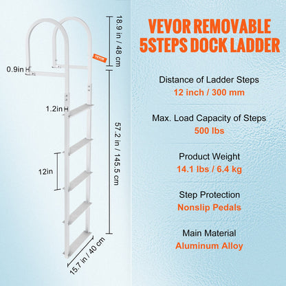 Dock Ladder, Removable 5 Steps, 500 lbs Load Capacity, Aluminum Alloy Pontoon Boat Ladder with 3.1'' Wide Step & Anti-Slip Design Pedal, Easy to Install for Ship/Lake/Pool/Marine Boarding