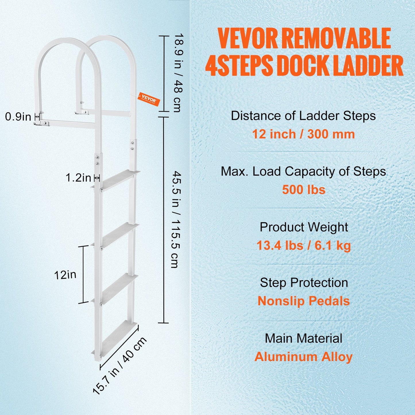 Dock Ladder, Removable 4 Steps, 500 lbs Load Capacity, Aluminum Alloy Pontoon Boat Ladder with 3.1'' Wide Step & Anti-Slip Design Pedal, Easy to Install for Ship/Lake/Pool/Marine Boarding