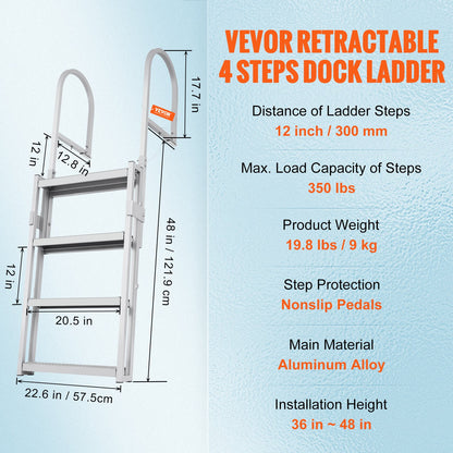 Dock Ladder, Retractable 4 Steps, 350 lbs Load Capacity, Aluminum Alloy Pontoon Boat Ladder with 55.1''-67.1'' Adjustable Height, 4'' Wide Step & Anti-Slip Design Pedal, for Ship/Lake/Pool/Marine Boarding