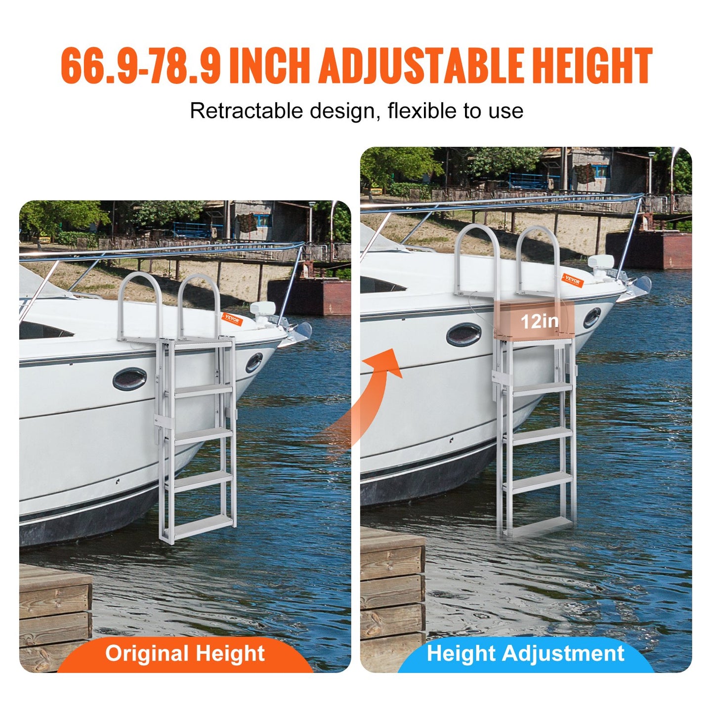 Dock Ladder, Retractable 5 Steps, 350 lbs Load Capacity, Aluminum Alloy Pontoon Boat Ladder with 66.9''-78.9'' Adjustable Height, 4'' Wide Step & Anti-Slip Design Pedal, for Ship/Lake/Pool/Marine Boarding