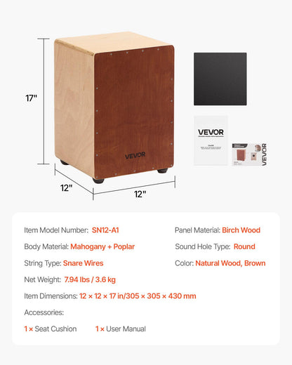 Cajon-trumma, med invändiga virveltrådar, lätt slagverkslåda i trä, bärbart truminstrument i björkträ med silikonfötter, för nybörjare och proffs, 305 x 305 x 430 mm