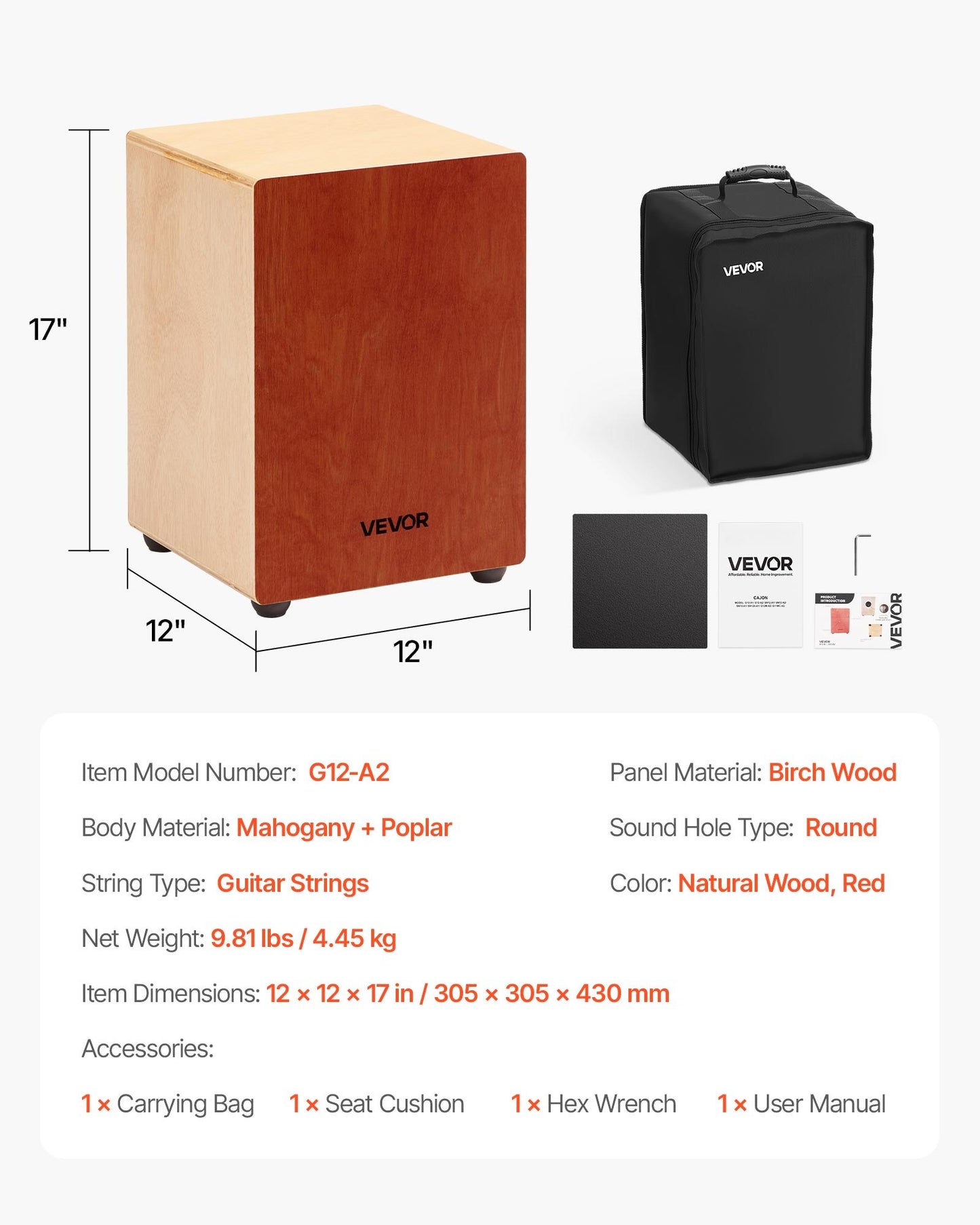 Cajon-trumma, med invändiga gitarrsträngar, lätt slagverkslåda i trä, bärbart truminstrument i björkträ med resväska, för nybörjare och proffs, 305 x 305 x 430 mm