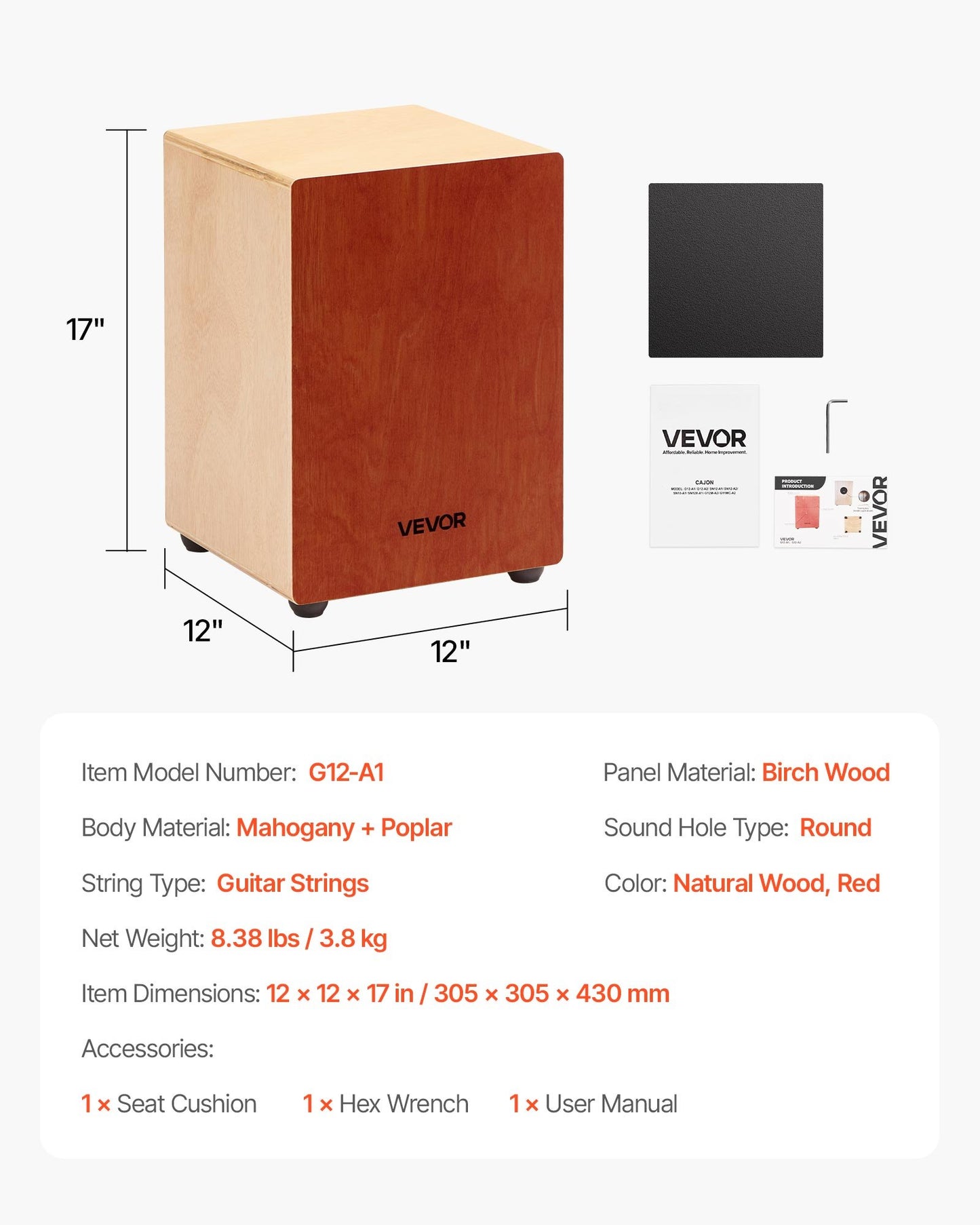 Cajon-trumma, med invändiga gitarrsträngar, lätt slagverkslåda i trä, bärbart truminstrument i björkträ med silikonfötter, för nybörjare och professionella, 305 x 305 x 430 mm