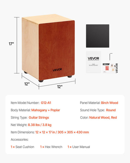 Cajon-trumma, med invändiga gitarrsträngar, lätt slagverkslåda i trä, bärbart truminstrument i björkträ med silikonfötter, för nybörjare och professionella, 305 x 305 x 430 mm