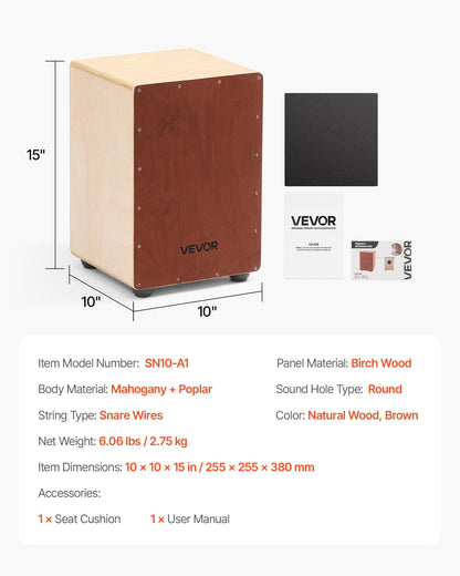 Cajon-trumma, med invändiga virveltrådar, kompakt och lätt slagverkslåda i trä, truminstrument i björkträ med silikonfötter, för nybörjare och proffs, 255 x 255 x 380 mm