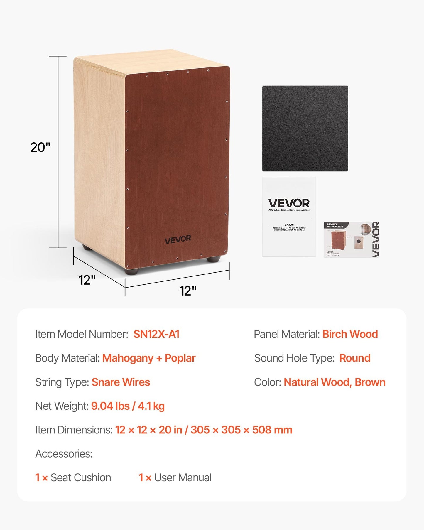 Large Cajon Box Drum, with Internal Snare Wires, Lightweight Wooden Percussion Box, Birch Wood Drum Musical Instrument with Silicone Feet, for Beginners and Professionals, 305 x 305 x 508 mm