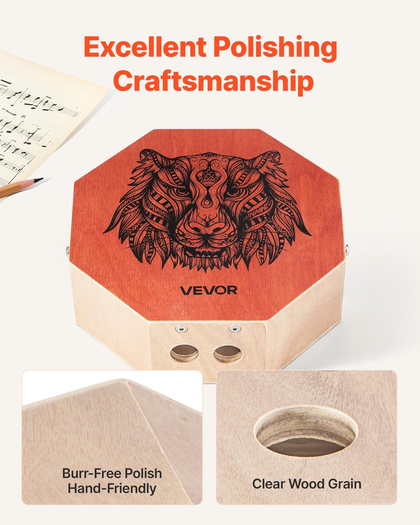 Unique Cajon Box Drum, with Internal Guitar Strings, Portable Wooden Percussion Box, Birch Wood Drum Musical Instrument with Adjustable Strap, for Beginners & Professionals, 295 x 295 x 100 mm