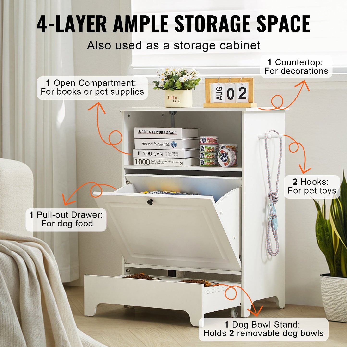 Pet Feeding Station with 2 Stainless Steel Bowls, Elevated Dog Bowls with Storage, Dog Food Storage and Feeder Station with Tilt Out Storage Cabinet, Pet Toy Storage Organizer, for Small Dogs