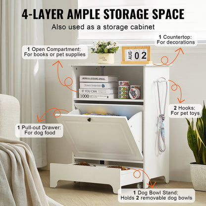 Pet Feeding Station with 2 Stainless Steel Bowls, Elevated Dog Bowls with Storage, Dog Food Storage and Feeder Station with Tilt Out Storage Cabinet, Pet Toy Storage Organizer, for Small Dogs