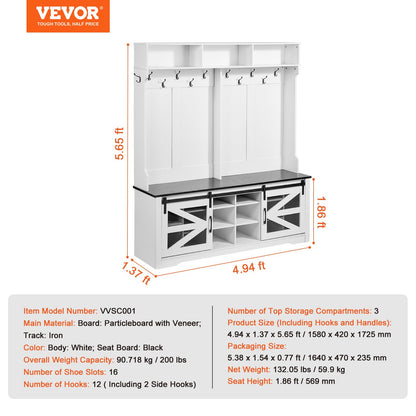 Hallträd, hallträd i trä med bänk och skoförvaring, vitt hallträd med klädhängare, justerbara hyllor och 12 hängkrokar, möbler för groventrén med USB-ljuslist, för entré och hall