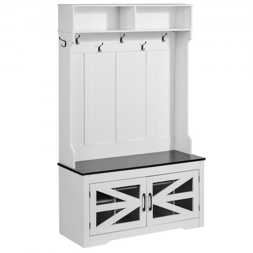 Hall Tree, Wooden Hall Tree with Bench and Shoe Storage, White Hall Tree with Coat Rack, Adjustable Shelves and 7 Hanging Hooks, Mudroom Furniture with USB Light Strip, for Entryway & Hallway