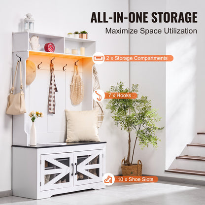 Hall Tree, Wooden Hall Tree with Bench and Shoe Storage, White Hall Tree with Coat Rack, Adjustable Shelves and 7 Hanging Hooks, Mudroom Furniture with USB Light Strip, for Entryway & Hallway
