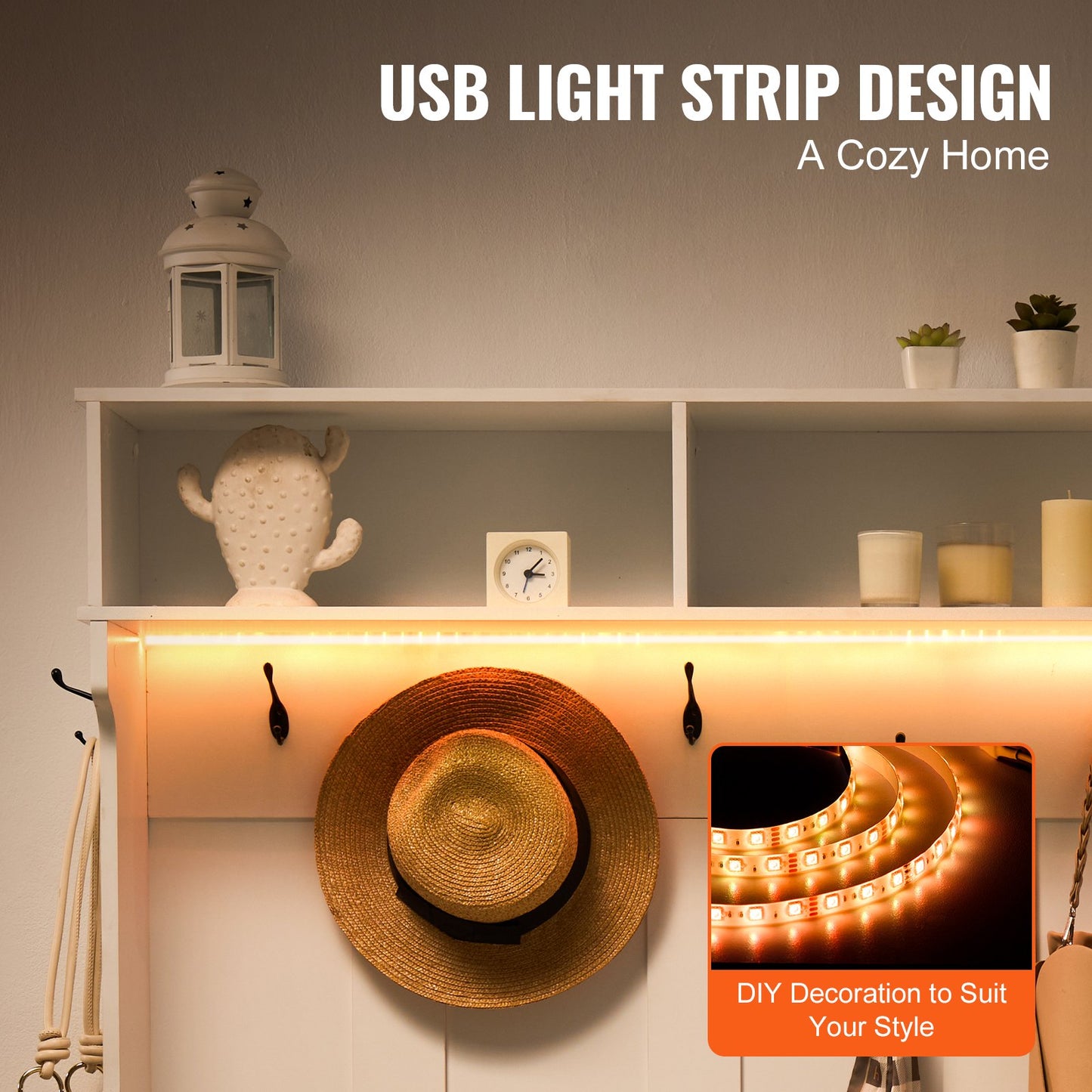 Hall Tree, Wooden Hall Tree with Bench and Shoe Storage, White Hall Tree with Coat Rack, Adjustable Shelves and 7 Hanging Hooks, Mudroom Furniture with USB Light Strip, for Entryway & Hallway