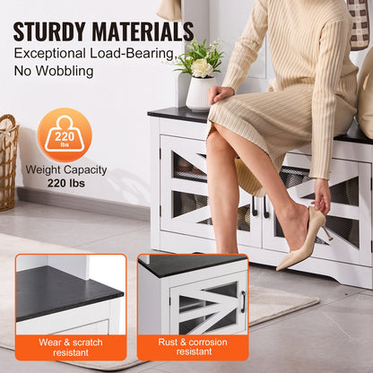 Hall Tree, Wooden Hall Tree with Bench and Shoe Storage, White Hall Tree with Coat Rack, Adjustable Shelves and 7 Hanging Hooks, Mudroom Furniture with USB Light Strip, for Entryway & Hallway