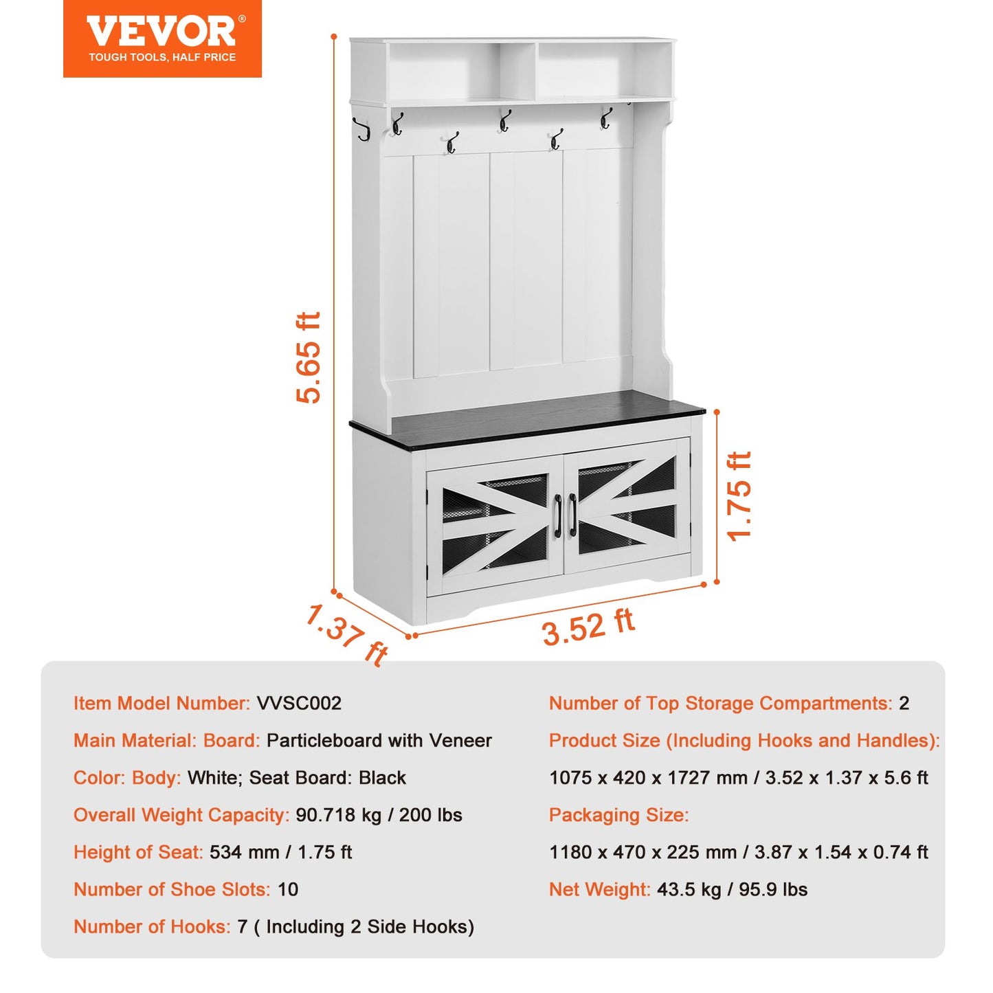 Hall Tree, Wooden Hall Tree with Bench and Shoe Storage, White Hall Tree with Coat Rack, Adjustable Shelves and 7 Hanging Hooks, Mudroom Furniture with USB Light Strip, for Entryway & Hallway