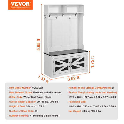 Hall Tree, Wooden Hall Tree with Bench and Shoe Storage, White Hall Tree with Coat Rack, Adjustable Shelves and 7 Hanging Hooks, Mudroom Furniture with USB Light Strip, for Entryway & Hallway