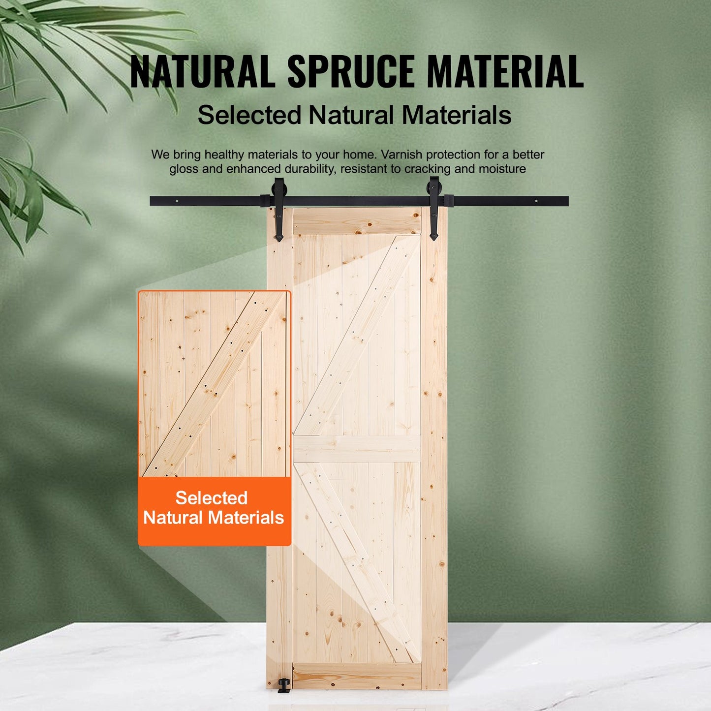 Ladugårdsdörr och beslagsats, skjutdörr i trä (86 x 213 cm), smidig och tystgående, ladgårdsdörrsats med 8-i-1 golvstyrning och dörrhandtag, skiva med granpanel, enkel att installera