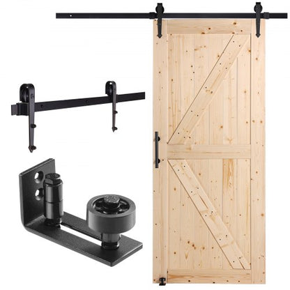 Ladugårdsdörr och beslagsats, 91 x 213 cm skjutdörr i trä, smidig och tyst, Ladugårdsdörrsats med 8-i-1 golvstyrning och dörrhandtag, granpanelplatta, enkel att installera
