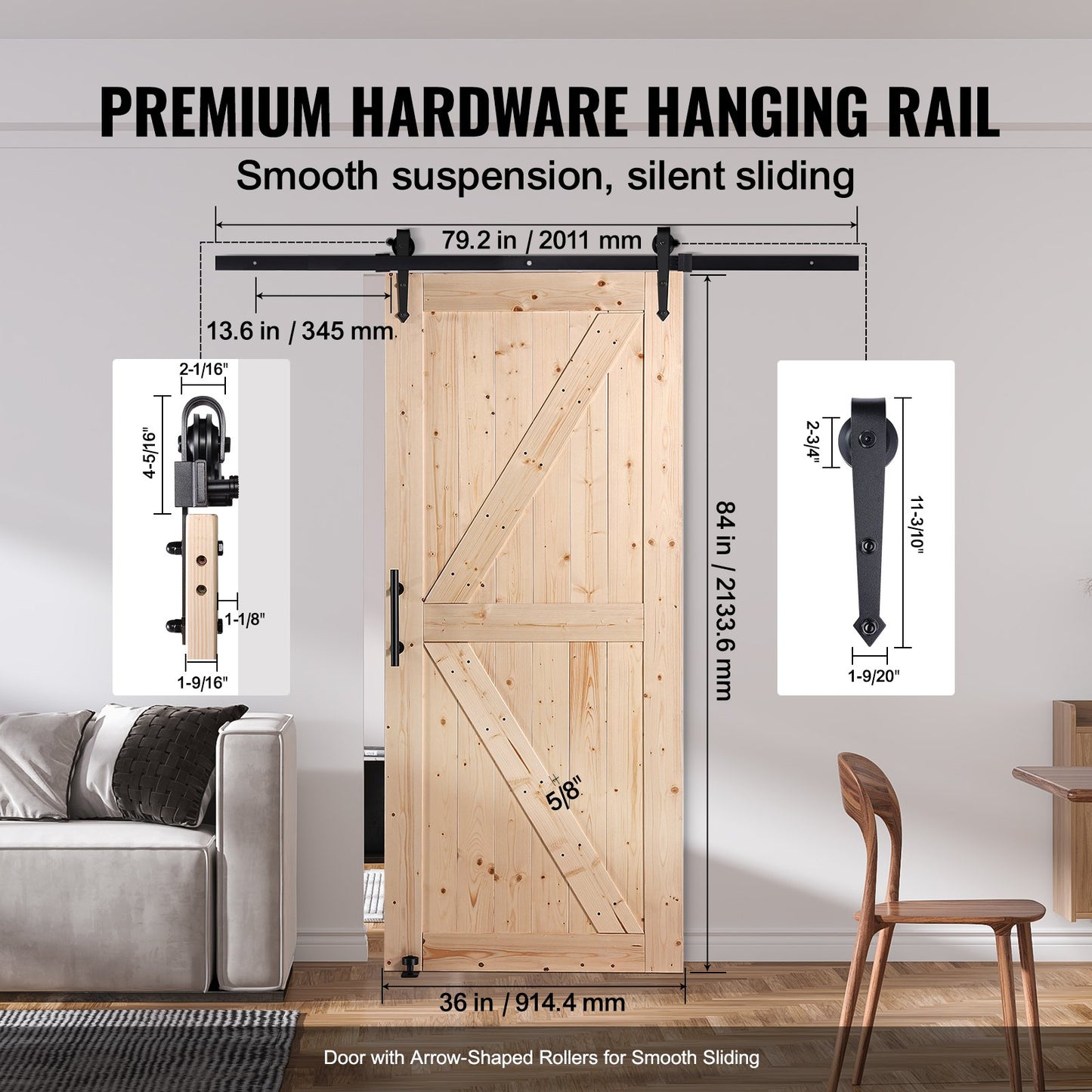 Ladugårdsdörr och beslagsats, 91 x 213 cm skjutdörr i trä, smidig och tyst, Ladugårdsdörrsats med 8-i-1 golvstyrning och dörrhandtag, granpanelplatta, enkel att installera