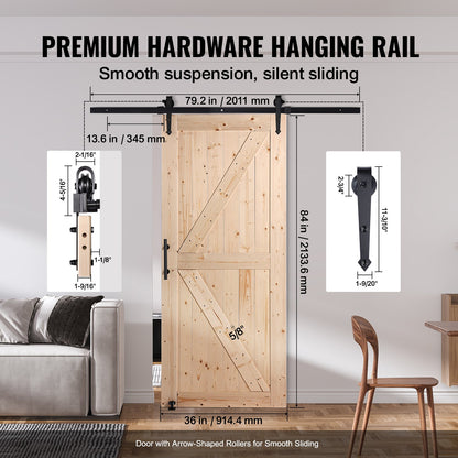 Ladugårdsdörr och beslagsats, 91 x 213 cm skjutdörr i trä, smidig och tyst, Ladugårdsdörrsats med 8-i-1 golvstyrning och dörrhandtag, granpanelplatta, enkel att installera