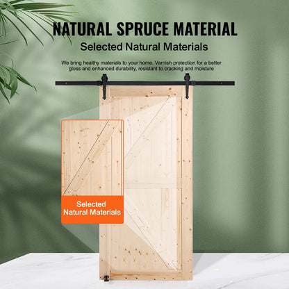 Ladugårdsdörr och beslagsats, 102 cm x 213 cm skjutdörr i trä, smidig och tyst, Ladugårdsdörrsats med 8-i-1 golvstyrning och dörrhandtag, skiva med granpanel, enkel att installera